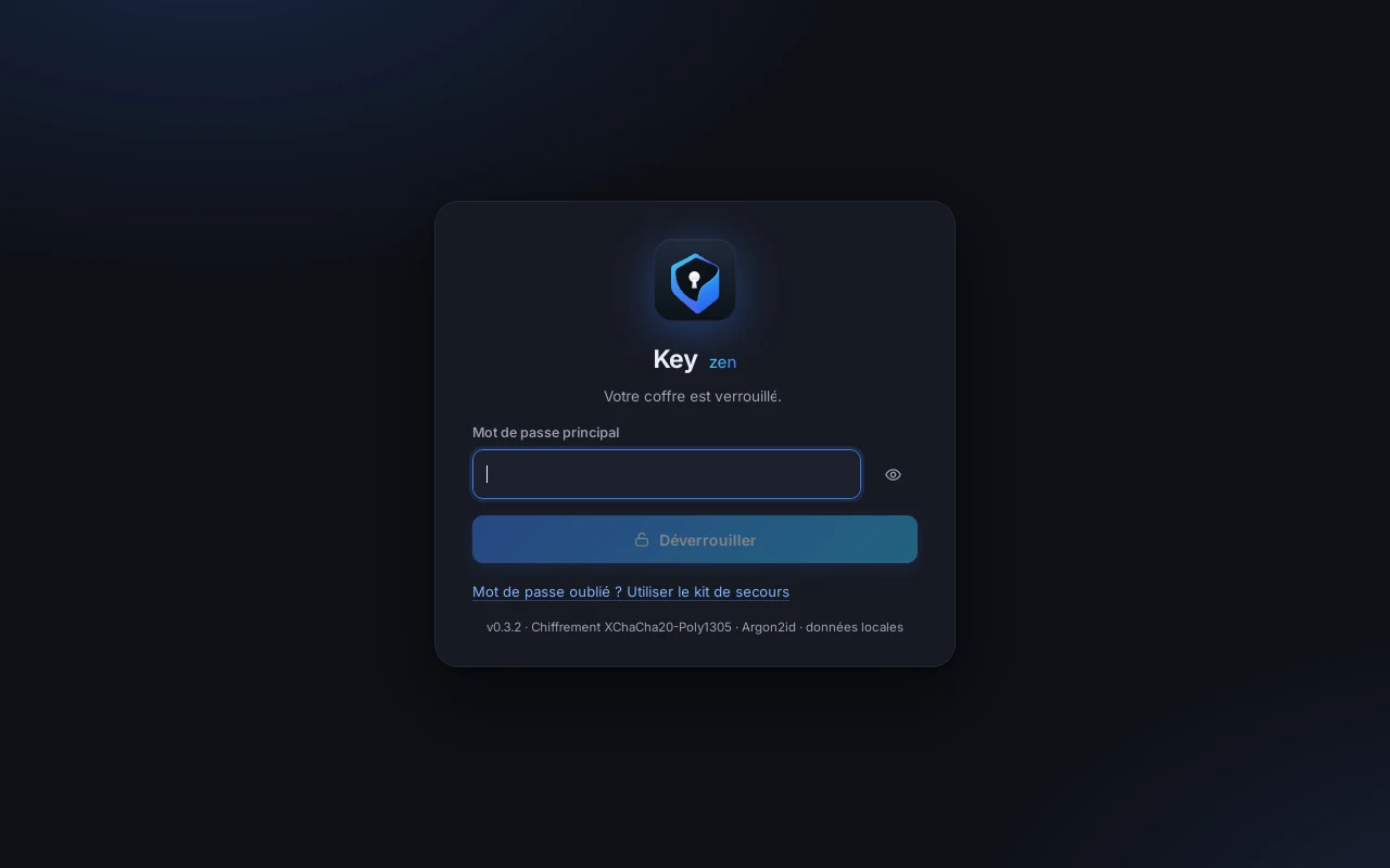 Écran de déverrouillage de Keyzen avec le lien « Mot de passe oublié ? Utiliser le kit de secours »