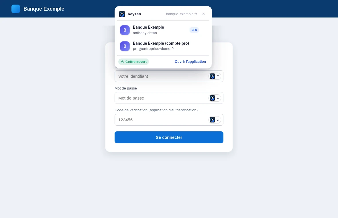 Menu de l’extension Keyzen sous le champ identifiant d’une page de connexion