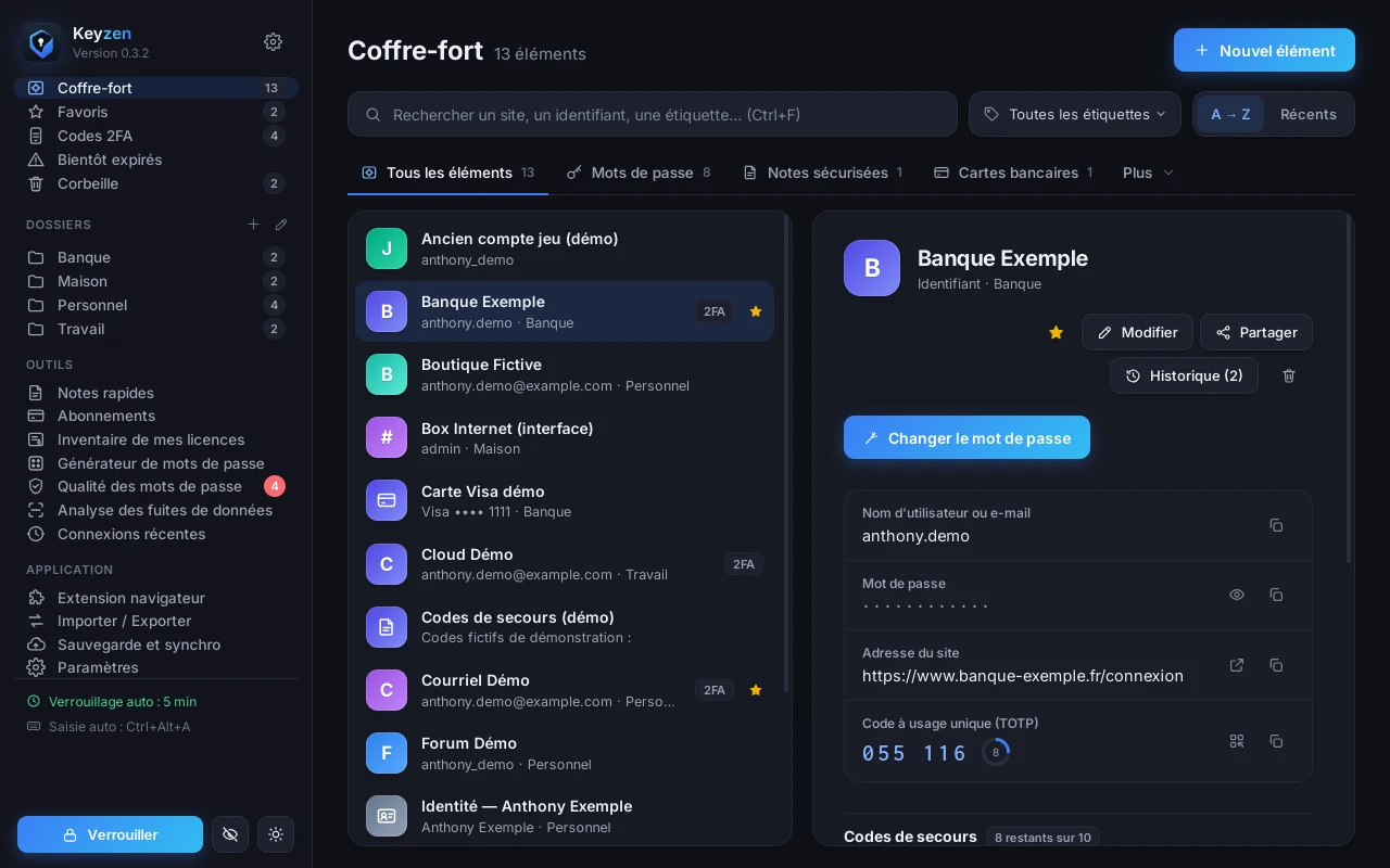 Fiche d’un identifiant avec son code TOTP et le compteur de codes de secours restants