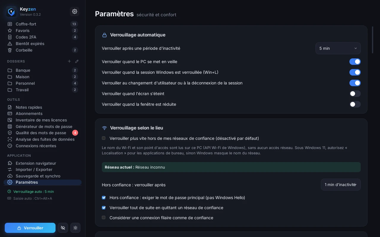 Paramètres de Keyzen : verrouillage automatique (inactivité, veille, Win + L, extinction de l’écran) et verrouillage selon le lieu
