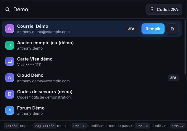 Recherche rapide de Keyzen avec le filtre Codes 2FA et le bouton Remplir
